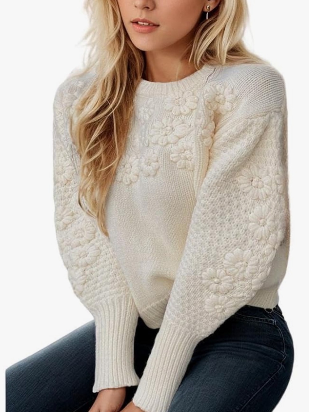 Chic Nation Cream Floral Textured Crewneck Sweater